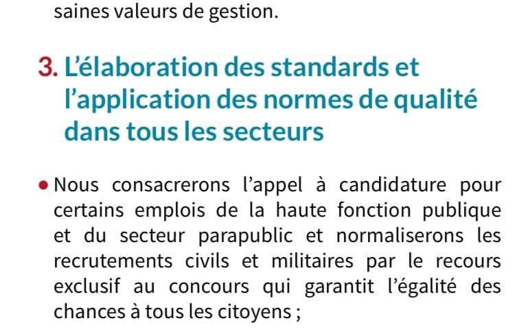 🚨Pour que Nul n'en iignore et que ca soit CLAIR, voilà ce qui est dit dans son Programme. 'Appel à Candidature pour certains emplois de hautes fonctions...' P45 JAMAIS le Président BDF n'a dit que les Directions Generales seront exclusivement par Appel à Candidature.