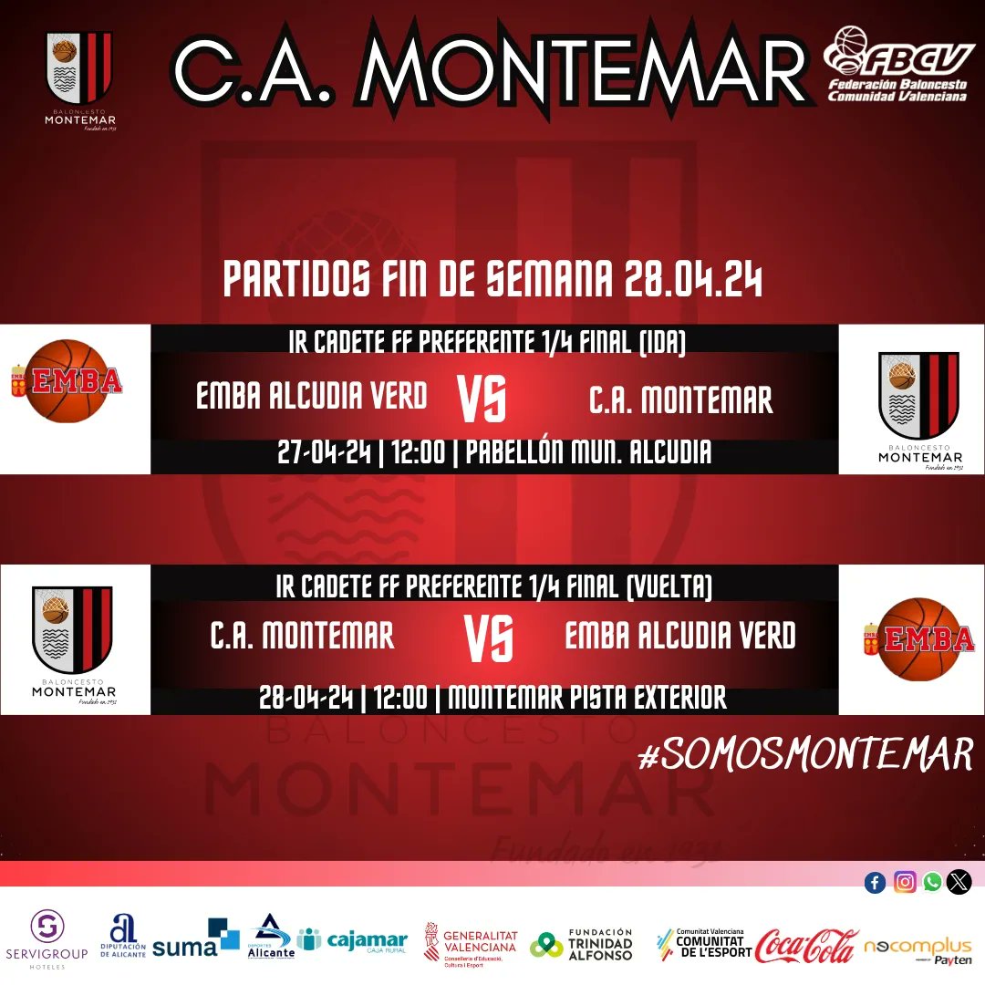 🏀 PARTIDOS FIN DE SEMANA 🏀 Relación de los partidos del próximo fin de semana ( 27 y 28 de abril) de nuestros equipos senior , Juniors, alevínes y Benjamín mixto @fbcv_es @cocacola_esp @basketalicantino Mucha suerte a todos💪💪💪 #Somosmontemar #somosequipo #FBCV