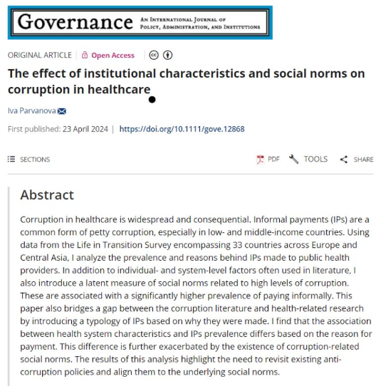 🚨New by @IvaParvanova01 published in @Gov_Journal shows that increasing health system funding reduces bribery. However, existing social norms hinder the effectiveness of institutional improvements as an anti-corruption tool. 🔎 Full text: tinyurl.com/5fpup2xn