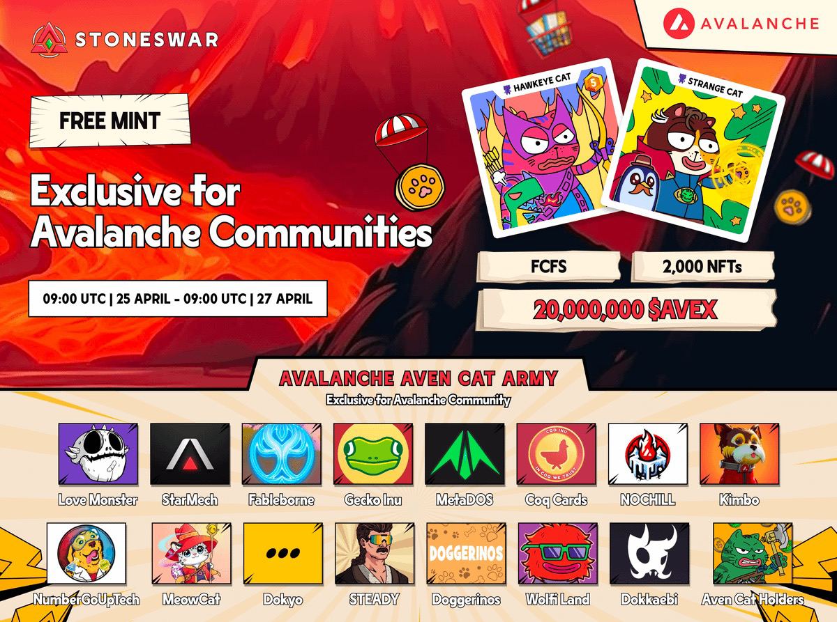 Calling all $AVAX fam🔺 🐱2,000 adorable Aven Cat NFTs are prowling around the metaverse, lost and in need of loving homes! 👉How to get them 1. Go to galaxy.stoneswar.io/?r=OWceUMLKXL, connect your wallet & SIGN it to see the correct WL Status. 2. If 'You are on the whitelist',…