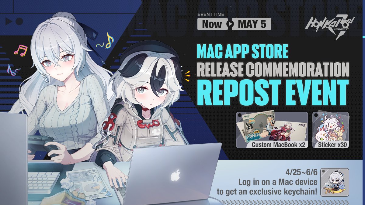 💻 #HonkaiImpact3rd is now globally available in Mac App Store!

1️⃣ Follow this account
2️⃣ Share the post
for a chance to win Artist Custom Latest MacBook Air and stickers!

After more than 10000 reposts, there will be 60 Crystals for every Captain!

#HonkaiImpact3rd
#Macbook