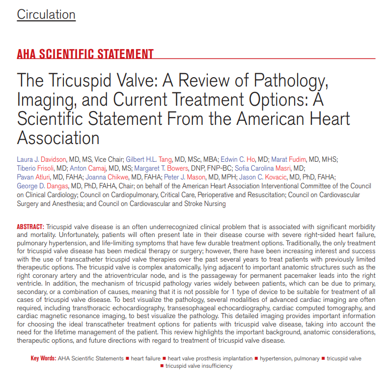 This paper highlights important background information, anatomical considerations, therapeutic options & future directions regarding tricuspid valve disease. ✍🏽 @GeorgeDangas @GilbertTangMD @EdwinHoMD @FudimMarat @MidgeNP @PavanAtluriMD @kovacic_jason @TiberioFrisoli 📖@CircAHA