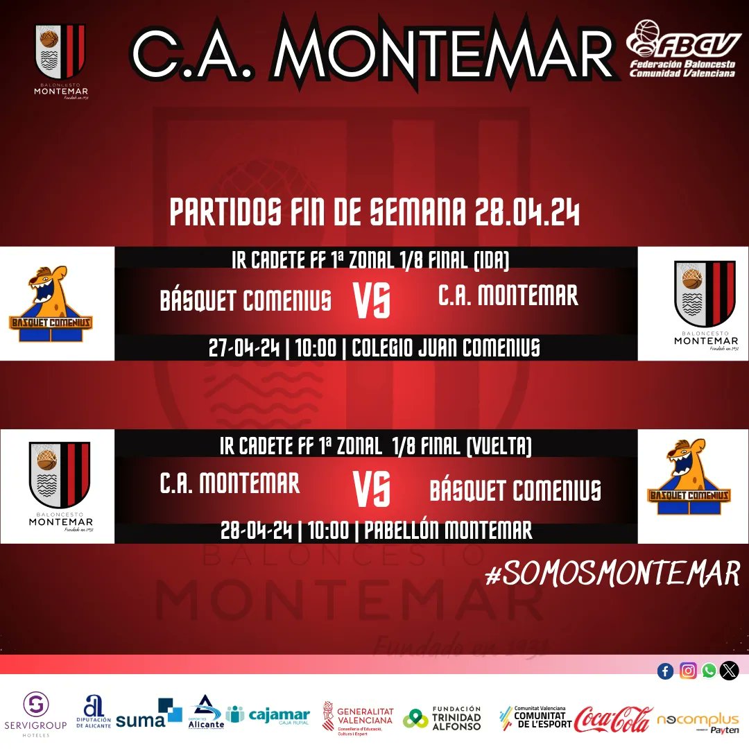 🏀 PARTIDOS FIN DE SEMANA 🏀 Relación de los partidos del próximo fin de semana ( 27 y 28 de abril) de nuestros equipos cadetes que disputan las eliminatorias de las fases finales @fbcv_es @cocacola_esp @basketalicantino Mucha suerte a todos💪💪💪 #Somosmontemar