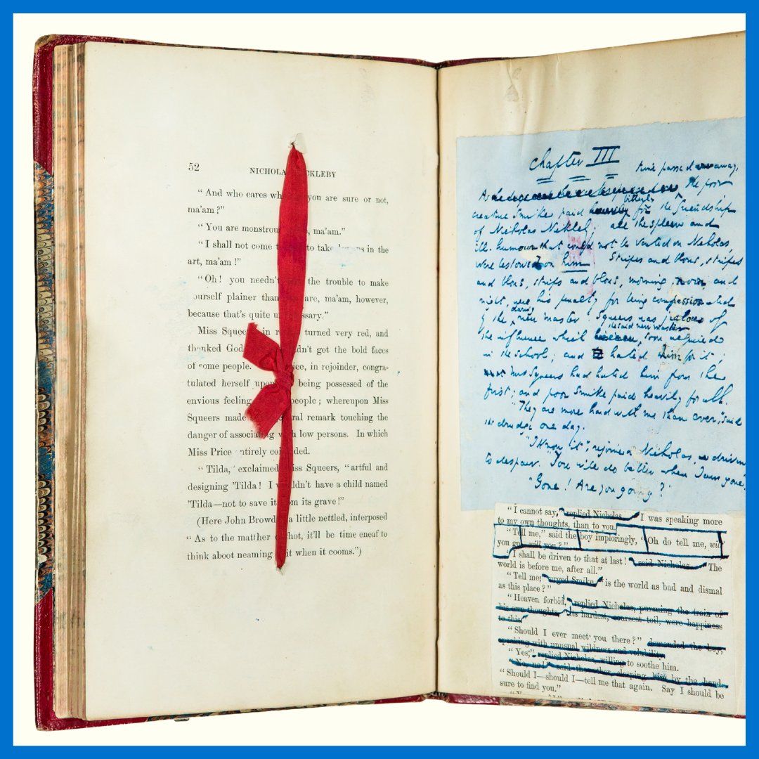 Charles Dickens was famous for his public readings, in which he would perform scenes from his stories. He would create his own 'scripts' by editing copies of his books, such as this copy of 'Nicholas Nickleby' which has been adjusted with ribbons and paper.