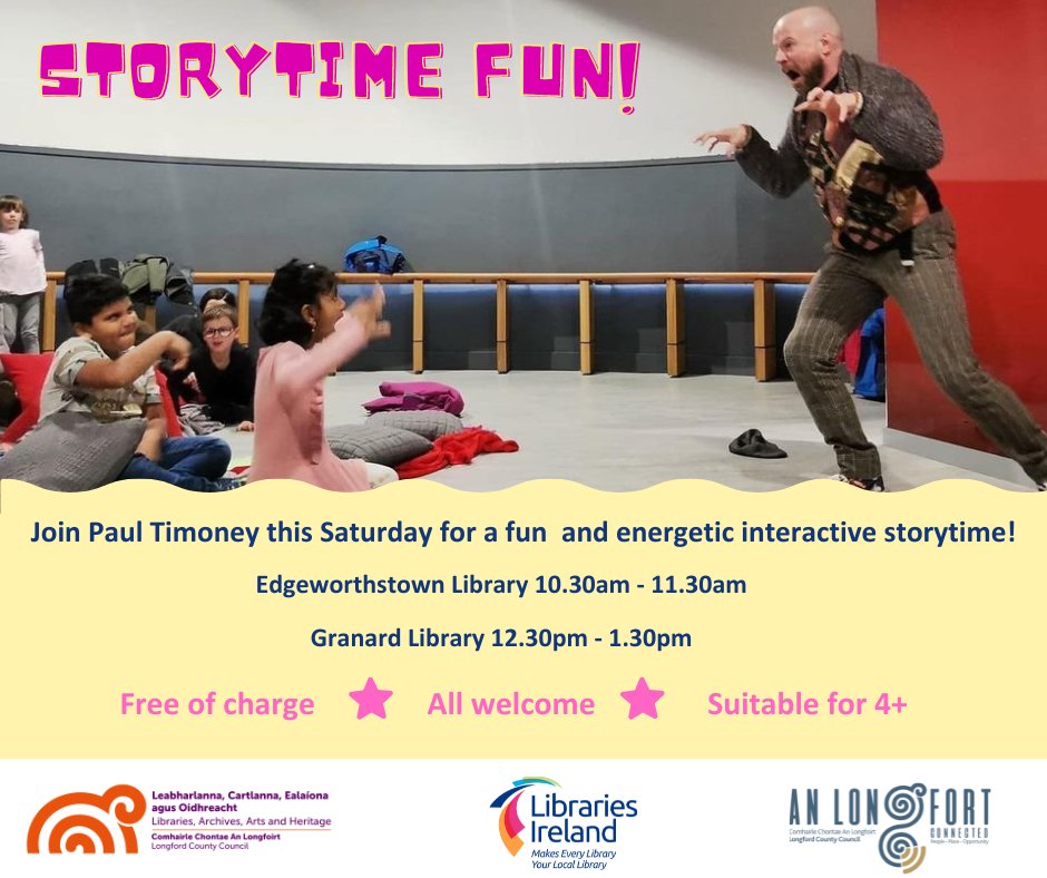 We are really looking forward to hosting Paul Timoney once again this Saturday in Edgeworthstown & Granard libraries. 

Make sure and pop in for a fun storytime! 

#SpringIntoStorytime #LongfordLibraries #MoreThanBooks #Longford