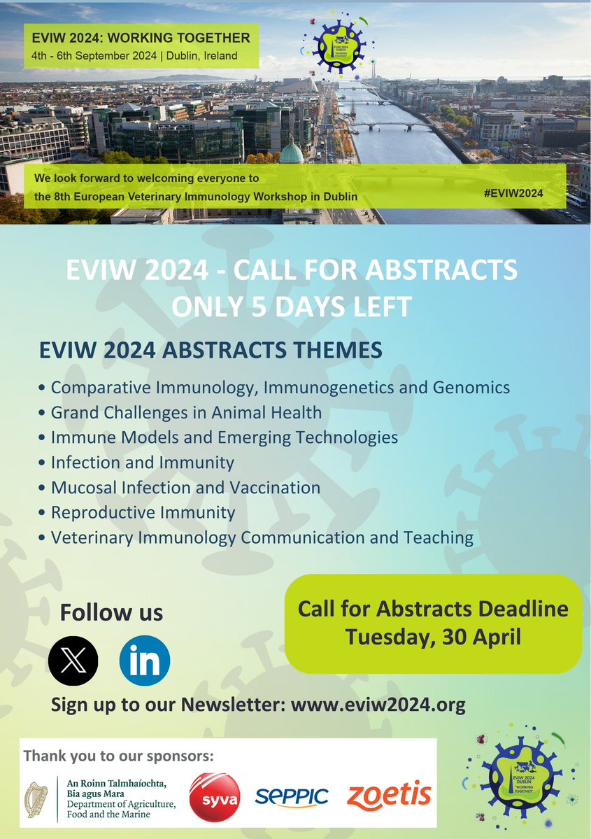 📢 Just 5 days left! 🚀 Submit your abstracts for #EVIW2024 now! Engage with compelling topics and contribute to innovative conversations! Don't miss out on this opportunity to shape the future! eviw2024.org/call-for-abstr… #ECI2024 #OneHealth