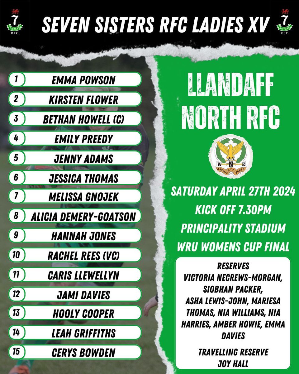 Here's the team that will represent Seven Sisters RFC at the Principality Stadium. Good Luck Ladies, we're all behind you! #blackandgreen #wakawaka #rtp24