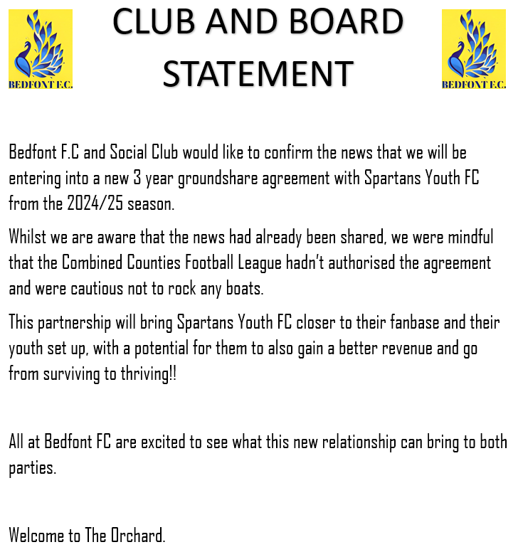 BedfontFC's tweet photo. 🦚CLUB STATEMENT🦚

#UpTheYellows #Groundshare #NonLeague https://t.co/2OEwHgvpxP