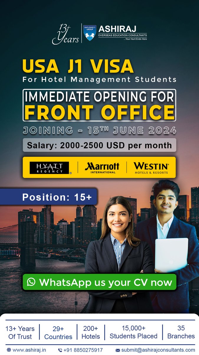 🌟 USA J1 Visa Opportunity for Hotel Management Students 🌟

🏨 Immediate Opening for Front Office Positions

📝 WhatsApp us your CV now!
wa.link/bb4n36
or Call on 088502 75917

#hospitality #ashiraj #overseas #overseaseducation #J1Visa #HotelManagement #FrontOffice