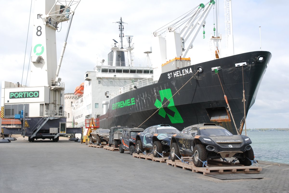 Very cool to have @ExtremeELive in port this week, who transport off road electric race cars to the most remote corners of the planet. All event infrastructure is shipped around the world onboard the St Helena, cutting carbon emissions by 75% compared to air freight.