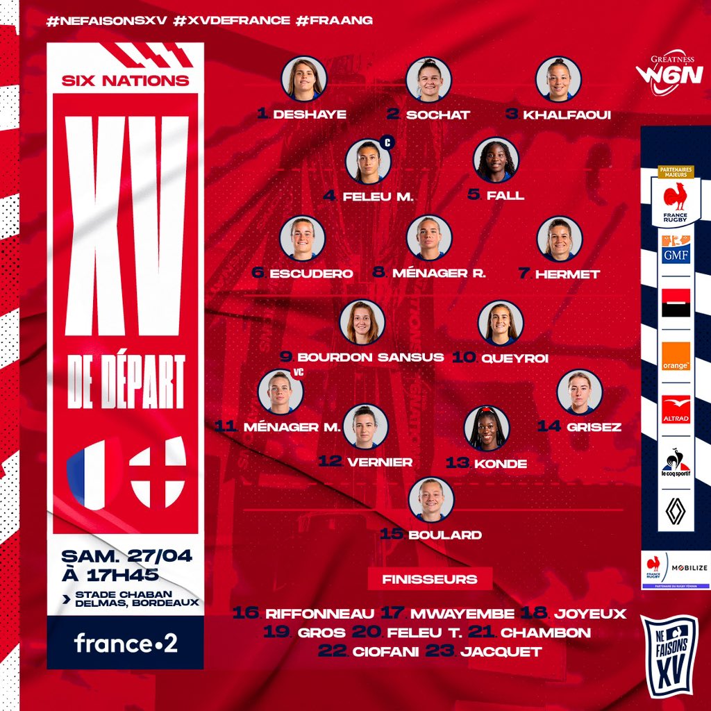 🔥 𝐋𝐀 𝐕𝐎𝐈𝐋𝐀̀ ! La compo des Bleues pour la finale face à l'Angleterre ! 😍 👊 Rendez-vous samedi à 17h45 au stade Chaban-Delmas à Bordeaux pour encourager les filles ! 🎟️ Derniers billets disponibles ! 👉 bit.ly/SixNationsFemi… #XVdeFrance #NeFaisonsXV #FRAANG