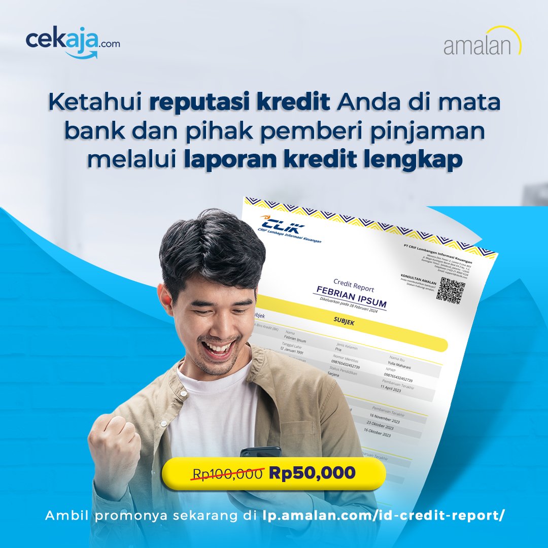 CekAja's tweet image. Sebelum mengajukan pinjaman baru ke bank atau pinjol, periksa dulu bagaimana reputasi Anda di mata pemberi pinjaman dengan layanan Credit Report by CLIK!
Segera cek sekarang di cekaja.com/promo/credit-r…

#CekAja #TokoFinansial #CerdasFinansial #laporankredit