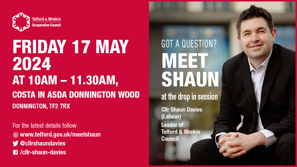 Leader of the Council, Cllr Shaun Davies is hosting his next resident event in Donnington. The face-to-face session is a great chance to ask a question or find out more about a council service. No appointment needed just pop along on Friday 17 May between 10am and 11.30am. 👇
