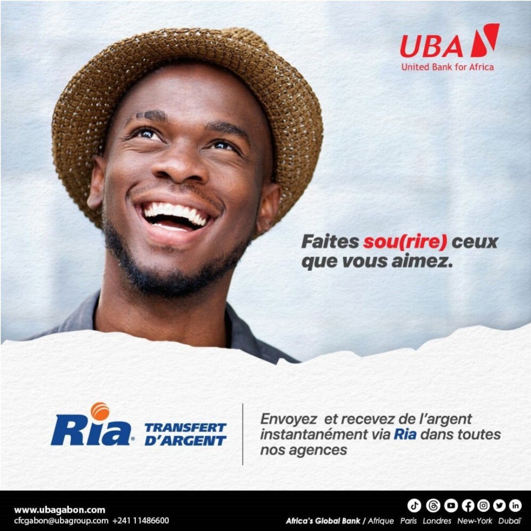 Gérez vos #transferts de fonds #RIA, dans l'agence UBA Gabon de votre choix. 

#UnitedBankforAfrica #AfricasGlobalBank #UBAGabon #UBARemittance #FundTransfer #Argent