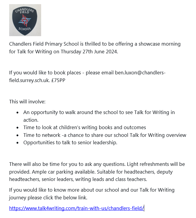 chandlers_field's tweet photo. Chandlers Field's next Showcase day is now available for bookings! @PieCorbett @JamieThomasTFW @Talk4Writing https://t.co/1jjkIkPeca