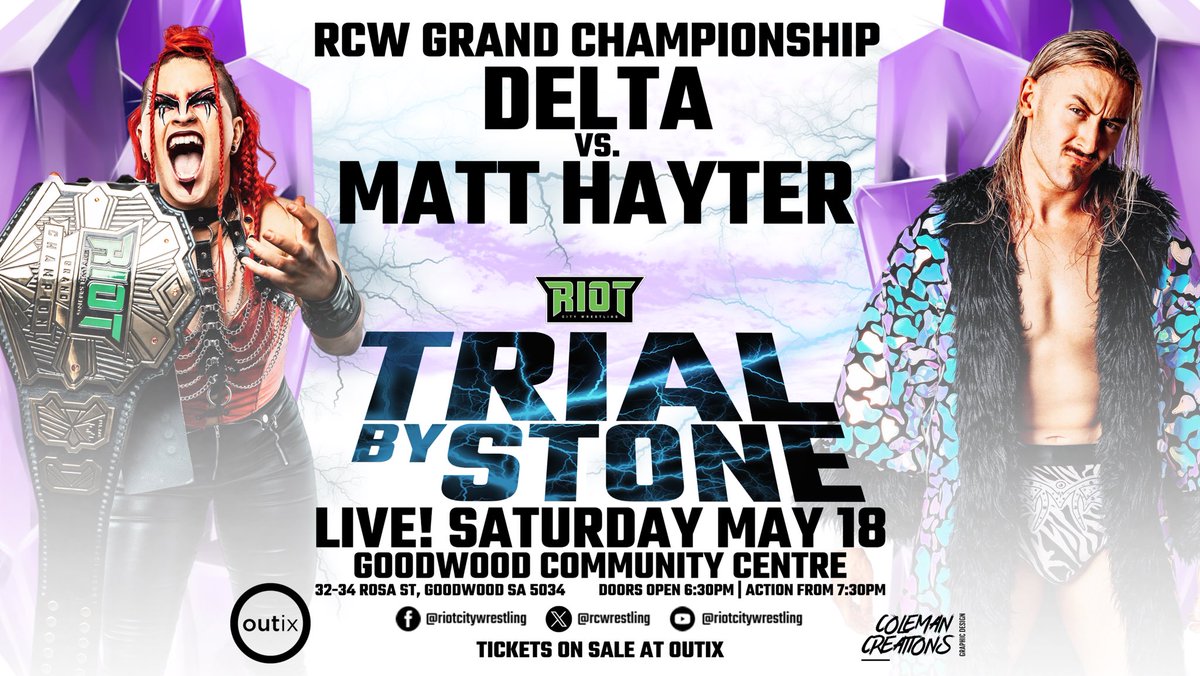 .@DELTABrady_ defends the #RCWGrand Championship against @HayterEgo at #RCWTrialByStone Saturday May 18th LIVE from the Goodwood Community Centre! 🎫 Tickets officially go on sale TOMORROW Friday 26/04 at 6pm exclusively at Outix: outix.co/tickets/event/…