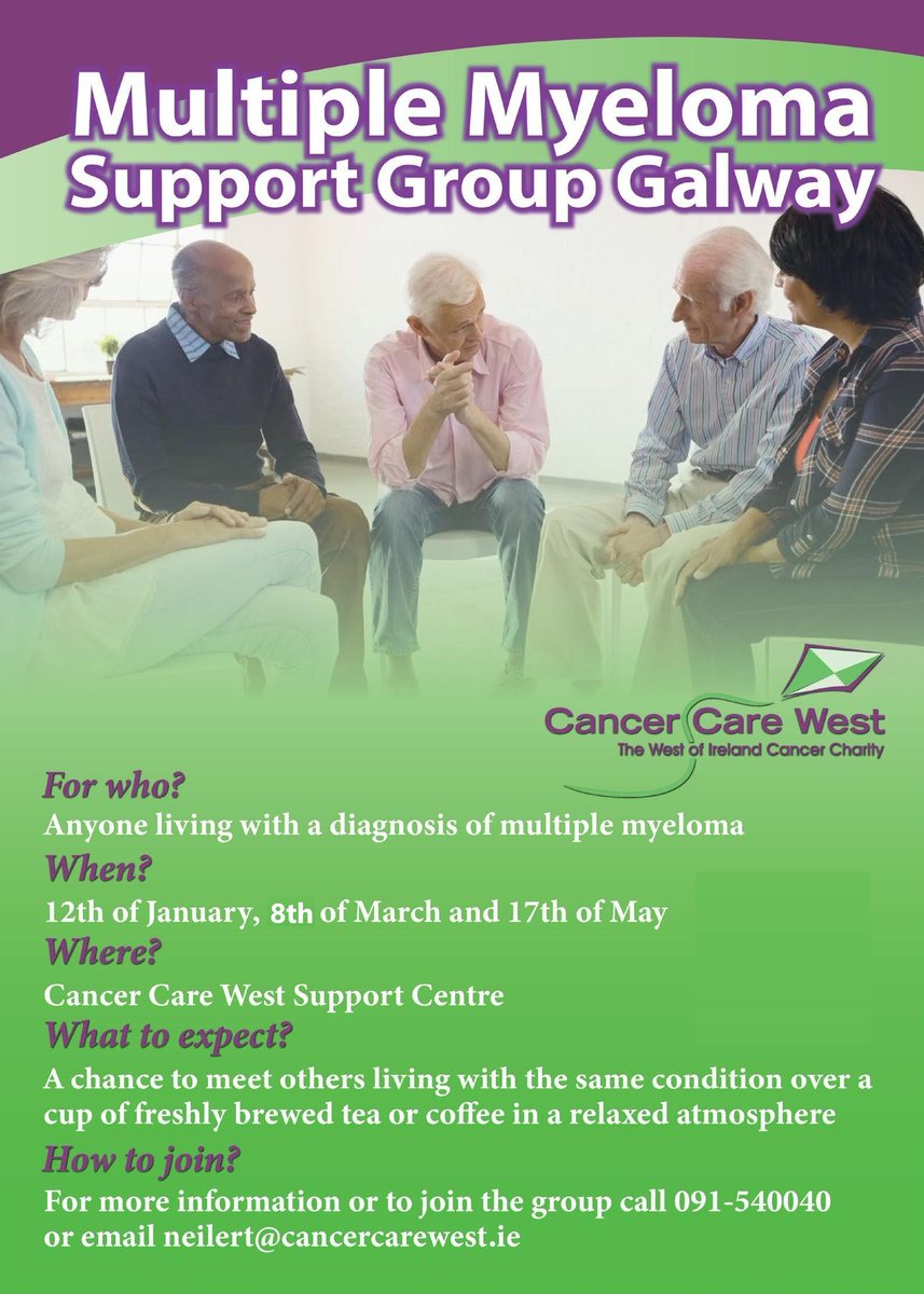 Our next #MultipleMyeloma support group will take place on the 17th of May in our #Galway Support Centre. This group is free to join but please book your place by contacting us on 091 540040 #myeloma #cancersupport @GreallyHelen @IrishCancerSoc @hseNCCP