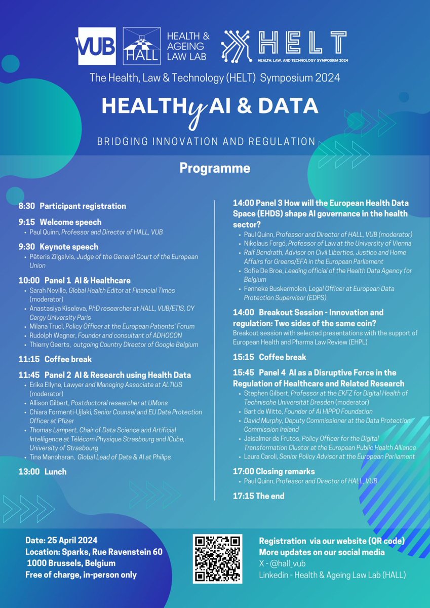 Today we are participating to The Health, Law & Technology (HELT) Symposium 2024 organized by Vrije Universiteit Brussel in #Brussels discussing about the opportunities of #AI applied to #healthdata under the light of the tradeoff between #innovation and #regulation.