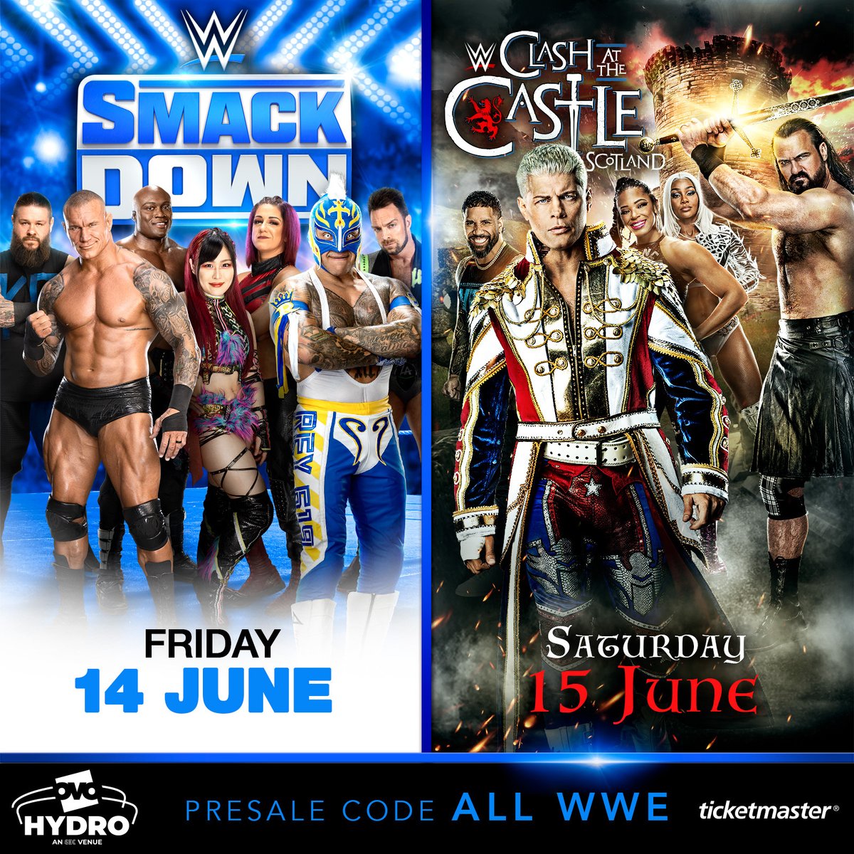 Combo ticket presale for #WWECastle is LIVE now! Unlock your access to #SmackDown and Clash at the Castle in Glasgow, Scotland, at the iconic @OVOHydro Use code ALLWWE to secure your seats! Tickets: ticketmaster.co.uk/event/36006089…