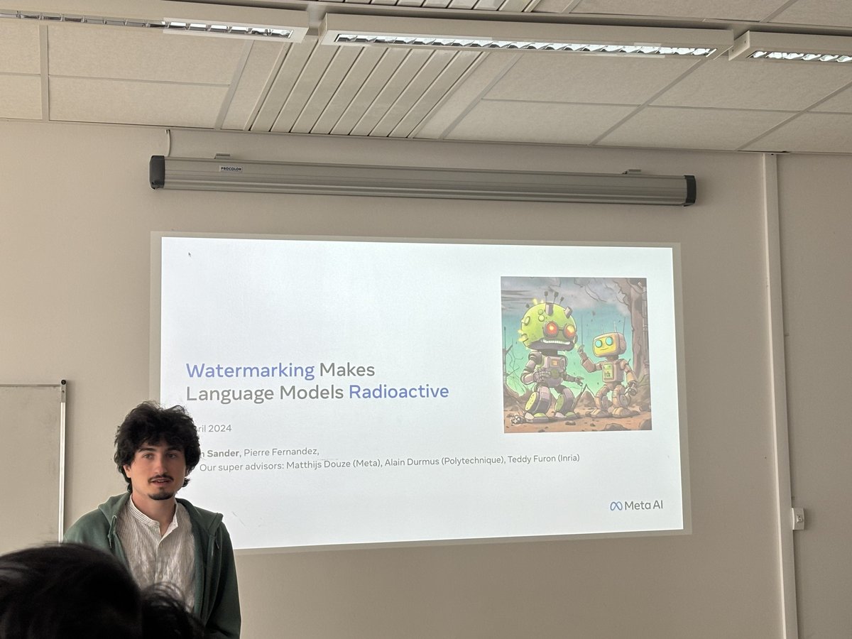 Tom Sander (@RednasTom) from CMAP (@Polytechnique @IP_Paris_ ) and meta (@MetaFrance) led the team meeting on Monday! Thanks for your interesting presentation on 'Watermarking Makes Large Language Models Radioactive' !