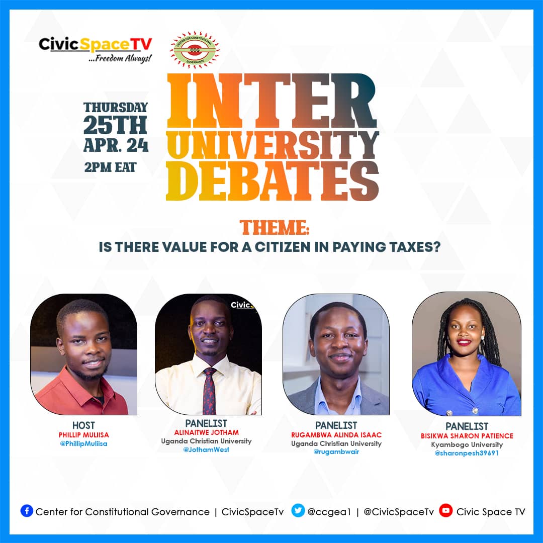 This Afternoon I will be hosted on @CivicSpaceTV  hosted by @PHILLIPMULIISA where we shall be discussing a number of issues in Regards to the taxation in the country, I will be joined by my Colleagues @rugambwaair and @Sharonpesh39691 Join us at 2pm today.
 #Uganda4All #PayTax