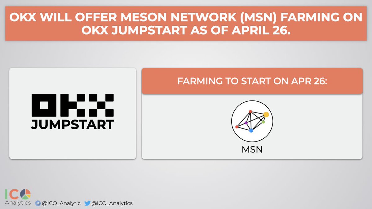 _ @okx will offer @NetworkMeson $MSN farming on OKX Jumpstart as of April 26. Users will be able to stake $BTC and $ETH on OKX App to farm MSN tokens over 2 days. 0.8% (800k MSN) of the total token supply to be offered on the platform. MSN trading will go live on April 29.…