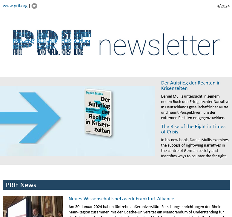 📣PRIF Newsletter is out now: Read more about our panels at the German Forum on Security Policy (#DFS2024), the upcoming youth summit Global House of Young Voices, our current guest researchers and new colleagues.⬇️ prif.org/prif-newslette…
