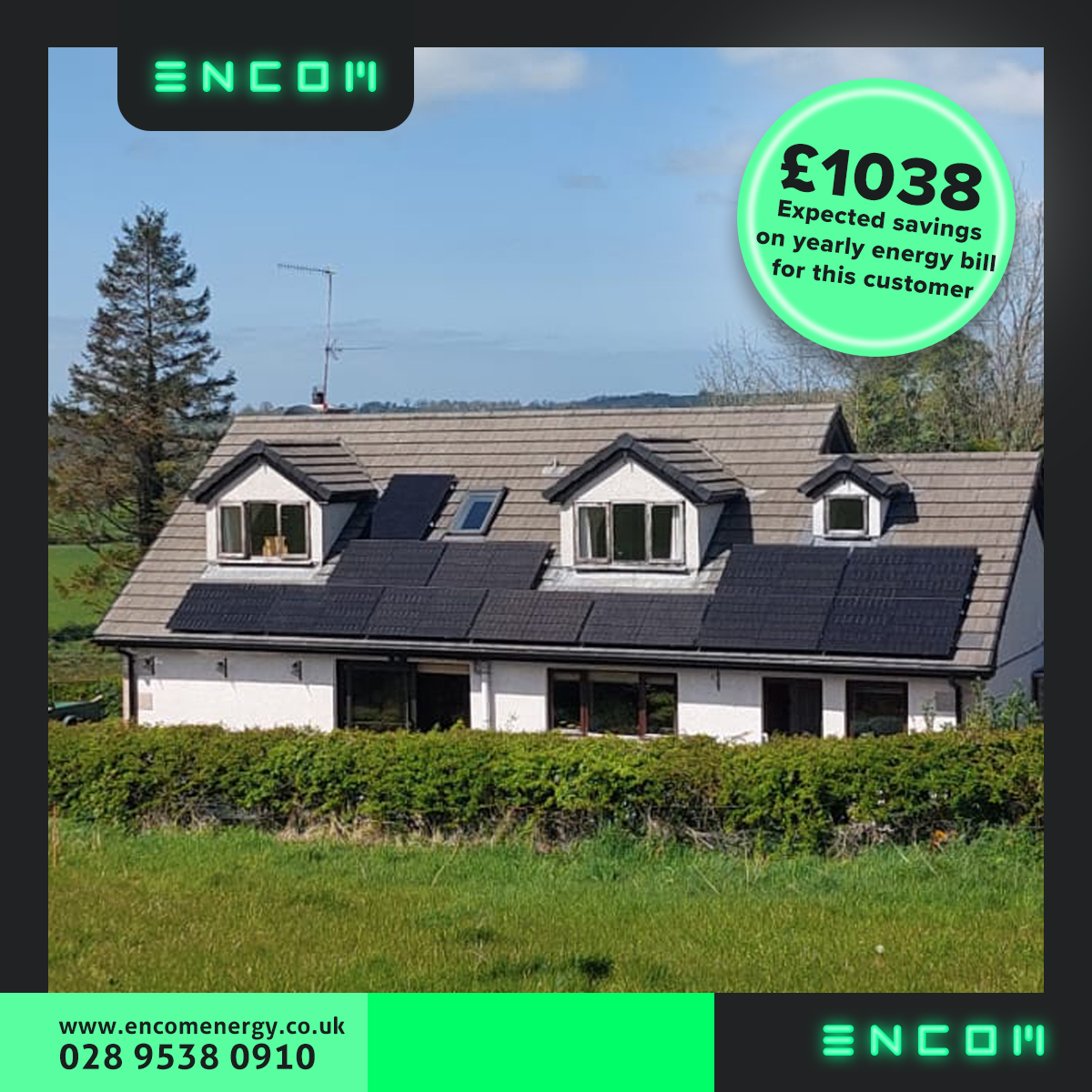 🌞 Just wrapped up our latest solar install in Dromore!

12 JA Solar 435 panels
3.6 kW inverter
5kWh battery
5.22 kW system
💡 Savings of £1038 yearly!

UK: 028 9538 0910 | encomenergy.co.uk ROI: 01 575 9805 | encomenergy.ie