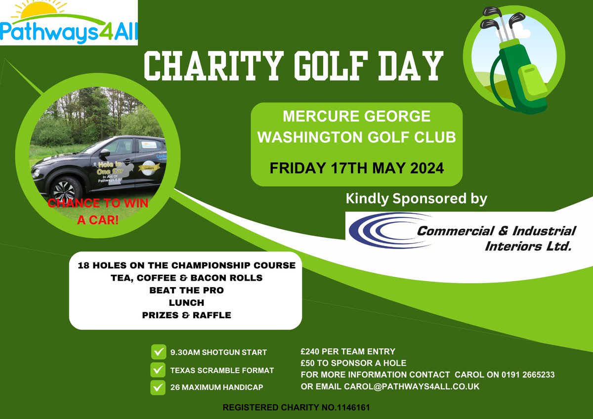 Only a few spaces remain for our 𝐂𝐡𝐚𝐫𝐢𝐭𝐲 𝐆𝐨𝐥𝐟 𝐃𝐚𝐲.
𝐅𝐫𝐢 𝟏𝟕𝐭𝐡 𝐌𝐚𝐲, kindly sponsored by 𝑪𝒐𝒎𝒎𝒆𝒓𝒄𝒊𝒂𝒍 &amp; 𝑰𝒏𝒅𝒖𝒔𝒕𝒓𝒊𝒂𝒍 𝑰𝒏𝒕𝒆𝒓𝒊𝒐𝒓𝒔 𝑳𝒕𝒅 
Mercure George Washington Golf Course. Email carol@pathways4all.co.uk #Golf #charityevent #charity