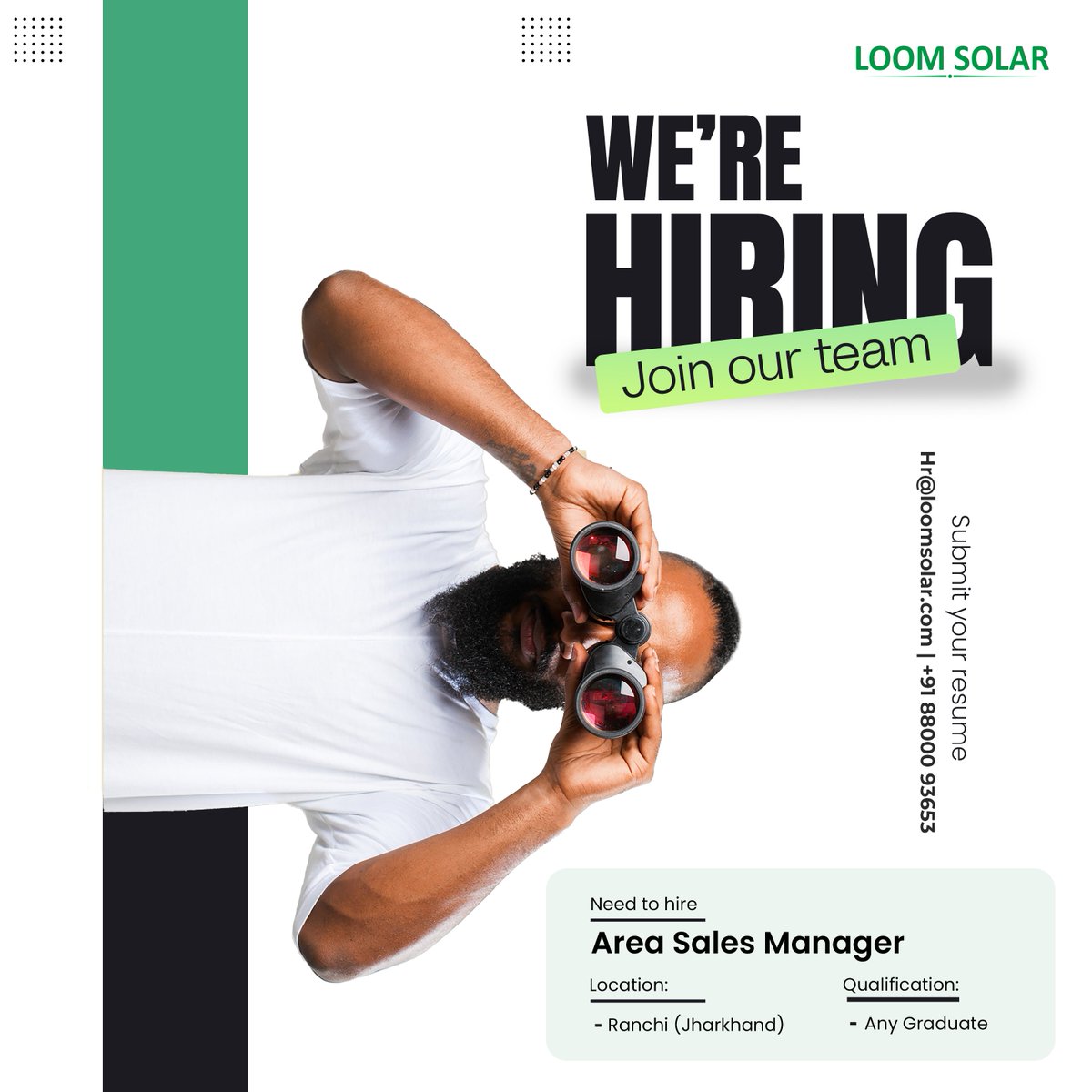Join Our Amazing Team! As an Area Sales Manager at location Ranchi. Any graduate can apply for this post. How to apply: Interested professionals can send their updated CVs to Hr@loomsolar.com at +91-8800093653. #HiringNow #jobs #search #hire #hiring #successtip