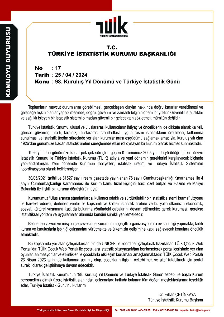 98. Kuruluş Yıl Dönümü ve Türkiye İstatistik Günü Kamuoyu Duyurusu (25.04.2024)