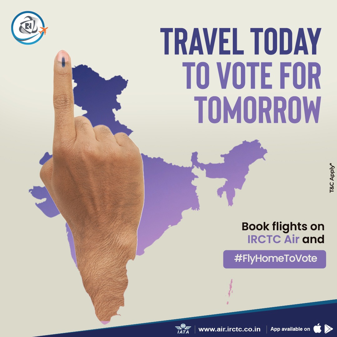 Travel to your constituency today to vote for a brighter future during the #GeneralElections. Book air tickets on air.irctc.co.in or the #IRCTC #Air app and #FlyHomeToVote. #GeneralElections2024 #ChunavKaParv #DeshKaGarv #ECI #Elections2024 #LokSabhaElections2024