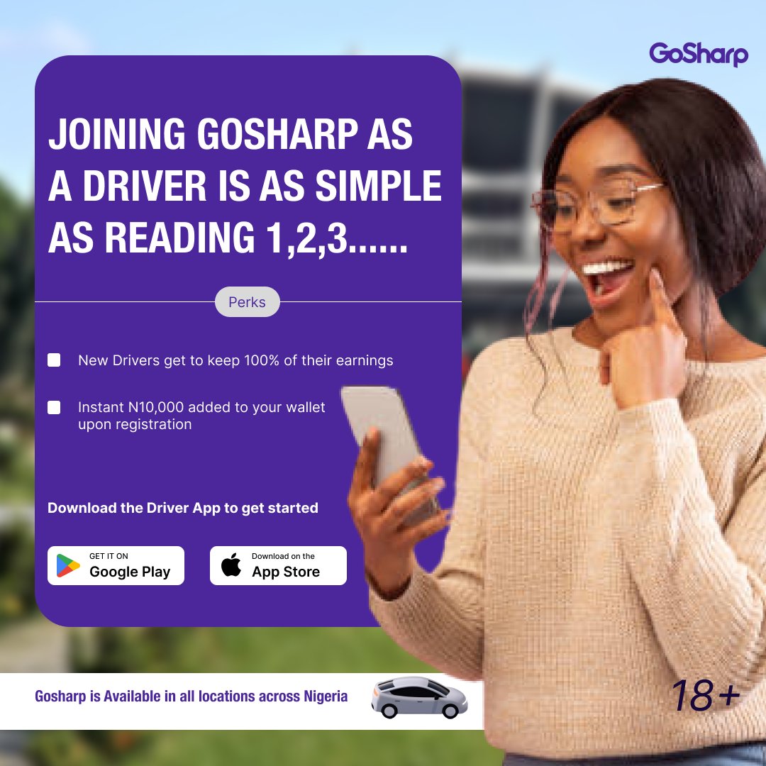 Do you wish to know something easier than reading 1,23... That's registering as a driver on GoSharp. Our registration and verification process is fast and seamless . Download the app and join as a driver. 

 #drivesafely #GoSharp #earnwithgosharp #ehailing #drivewithgosharp