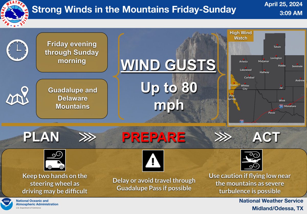 💨High Winds Possible⚠️ Very strong southwest winds today and this weekend for portions of the area, mainly southeast New Mexico and the Guadalupe Mountains. These winds can make travel difficult as well as create blowing dust that could lower visibility. #nmwx #txwx