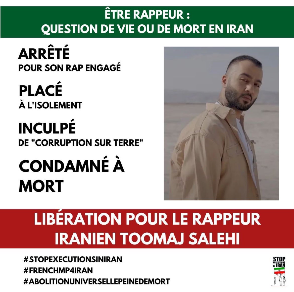 Être rappeur, en Iran, c’est une question de vie ou de mort. Pour #Toomaj_Salehi condamné à mort, et pour tous les autres détenus d’opinion, mobilisons-nous. Militants, citoyens, l’abolition universelle de la peine de mort est notre combat. #FreeToomajSalehi #stopexecutioninIran