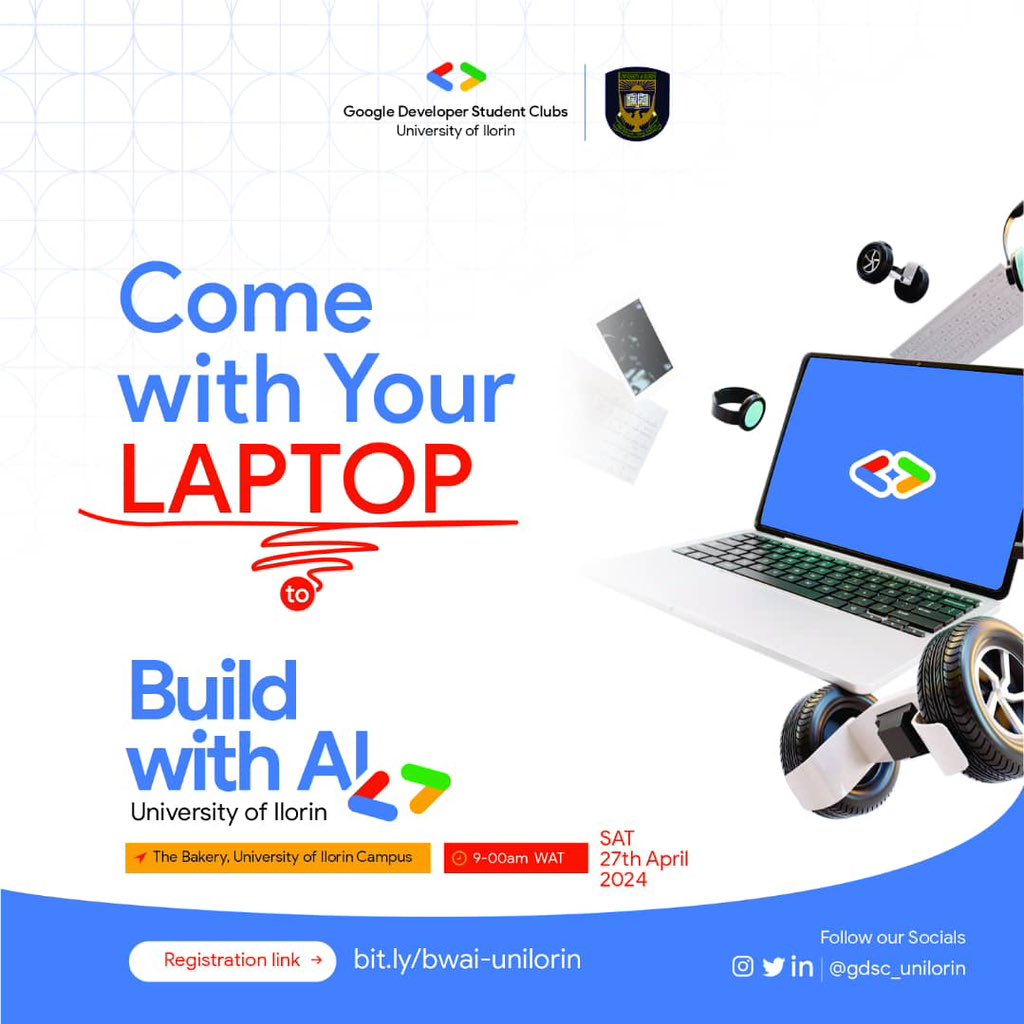 Operation come with your laptop 🚨🚨 What's a workshop session without laptops? To ensure that you enjoy the session and have hands-on experience on how to utilize AI, we strongly advise you come with your laptop. We can't wait to have you. #BuildwithAI #BuildwithAIUnilorin