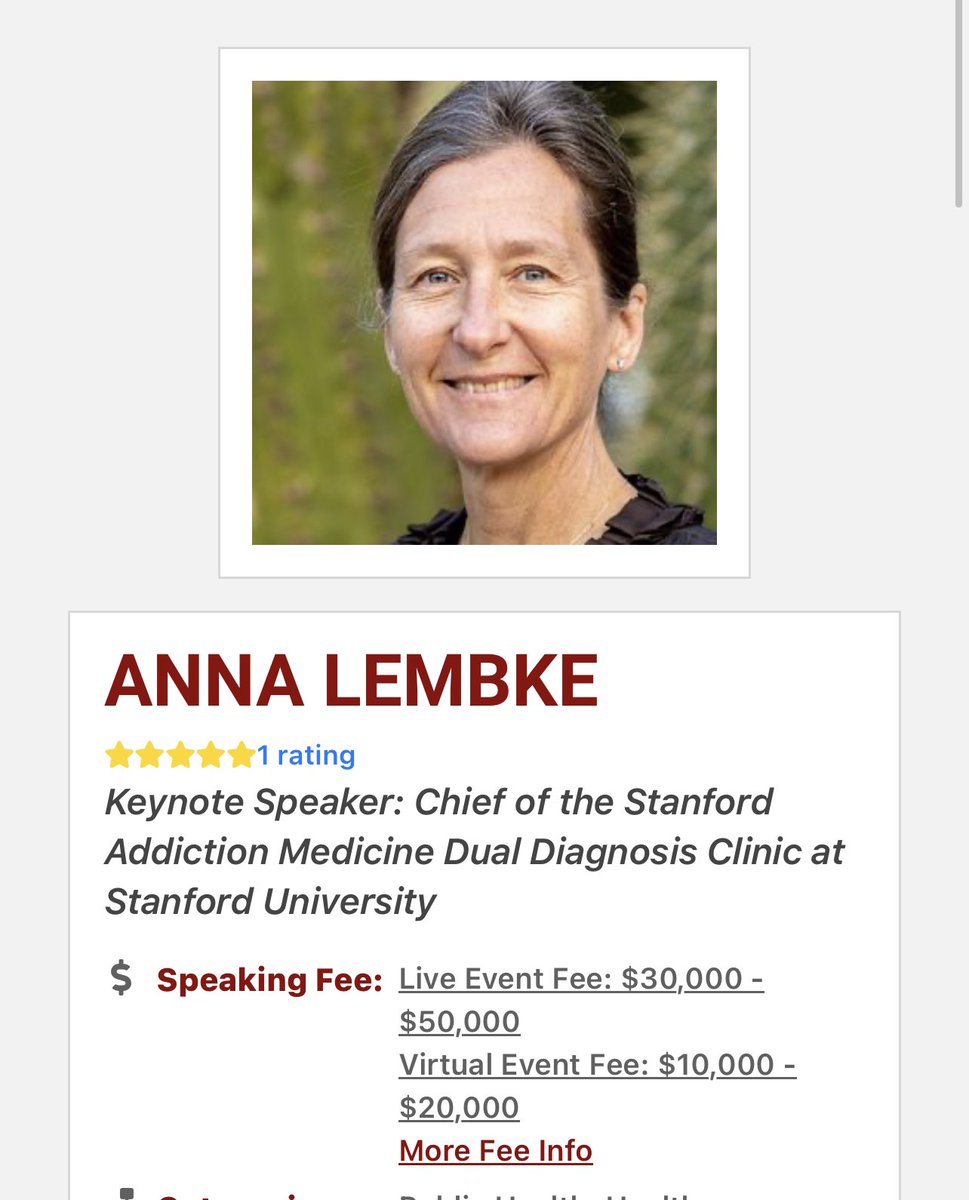 Dr Anna Lembke of the anti-opioid organization doesn’t speak out against opioids because she’s a good person, she does so because she’s paid $30-50k for speaking at an event Since this beast has been given a platform deadly overdoses have increased by 900%