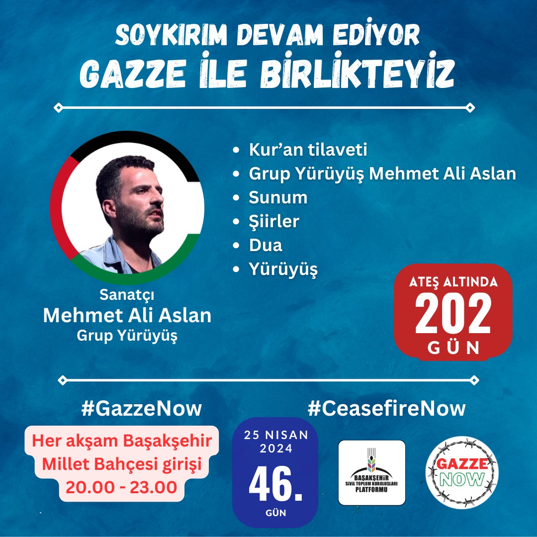 Gazze'de soykırım devam ediyor. 
Gazze'yi unutma, unutturma. 

Bu akşam <a href="/grupyuruyus/">Grup Yürüyüş</a> #GazzeNow'da bizlerle olacak. 

Her akşam Başakşehir meydanında #GazzeNow etkinlik alanında buluşuyoruz.