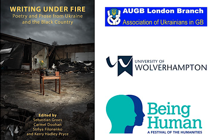 Supported by the @BeingHumanFest, we'll launch WRITING UNDER FIRE, @wlv_uni's book with writers from Ukraine and the Black Country in London on Sat 18 May, 7PM. There will be music, Holobtsi (Ukrainian stuffed cabbage) and performances. Register here: bit.ly/3U6JkIg