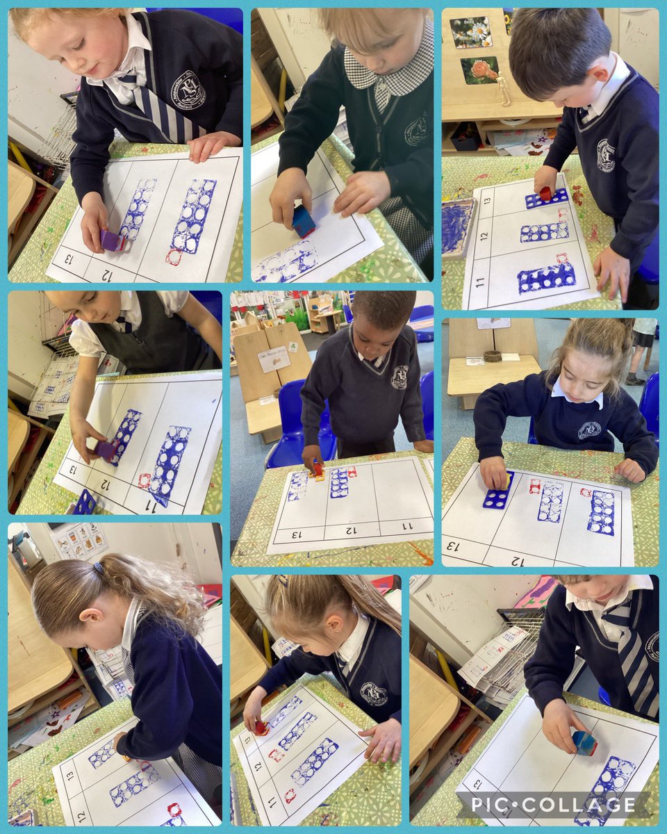 In #classR2 we’ve been getting creative in our Maths using numicon to find the 2 parts of numbers beyond 10 and then printing them with paint. @Monksdownmaths2