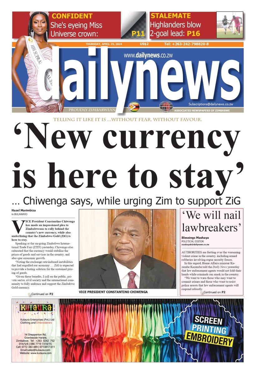 Read your Daily News e-paper - bitly.ws/3gQQC
------           
TODAY'S FRONT PAGE:  25 April, 2024 #dailynewszim #news #zimbabwe #zimnews #thursday