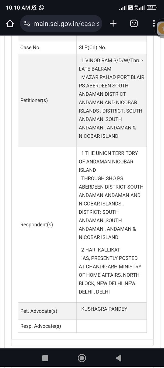 SLP filed by Vinod Ram against Hari Kallikat & A&N Police before the Honble Supreme court of India for non registration of FIR in a cognizable case of physical assault.