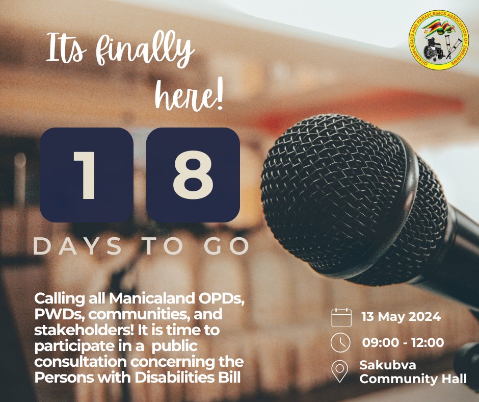 QUAPAZ1's tweet photo. #Itsfinallyhere! If you are in Manicaland make it a point to participate in the Persons with Disabilities Bill public consultation. Remember your voice matters.#disabilitybill #inclusivity #EqualZimbabwe #18daystogo https://t.co/LP2Jsefggr