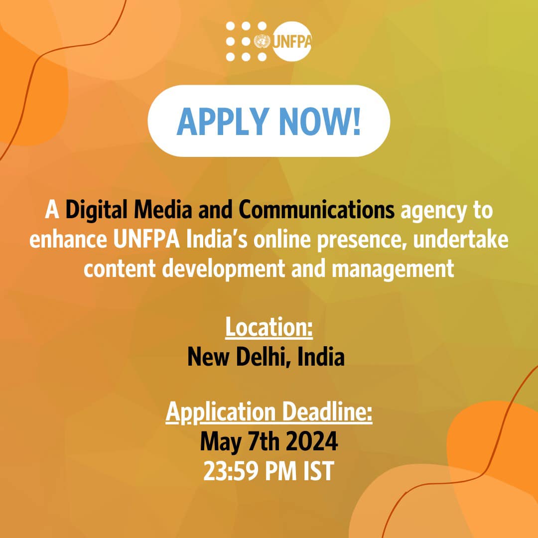 UNFPA India is searching for a savvy Digital Media & Communications agency to lead our online narrative. Apply now if you're ready to drive positive behaviour change through social media! DEADLINE: 7th May, 2024 - 23:59 PM IST Link: rb.gy/2u7f1