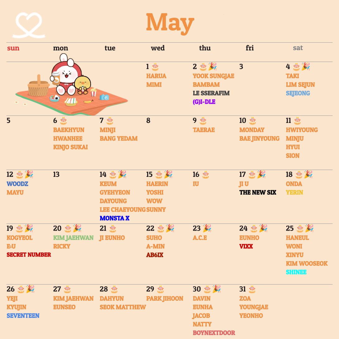 ❤️#CHOEAEDOL May Calendar📆 🎂Birthday #BAEKHYUN #SION #HAERIN #YOSHI #IU #RICKY #NATTY #YEJI #DAHYUN #SEOKMATTHEW #PARKJIHOON 🎉Anniversary #GIDLE #LE_SSERAFIM #WOODZ #MONSTAX #SEVENTEEN #SHINEE #BOYNEXTDOOR and more ... ✅Check more anniversaries bit.ly/3Uy1HHC