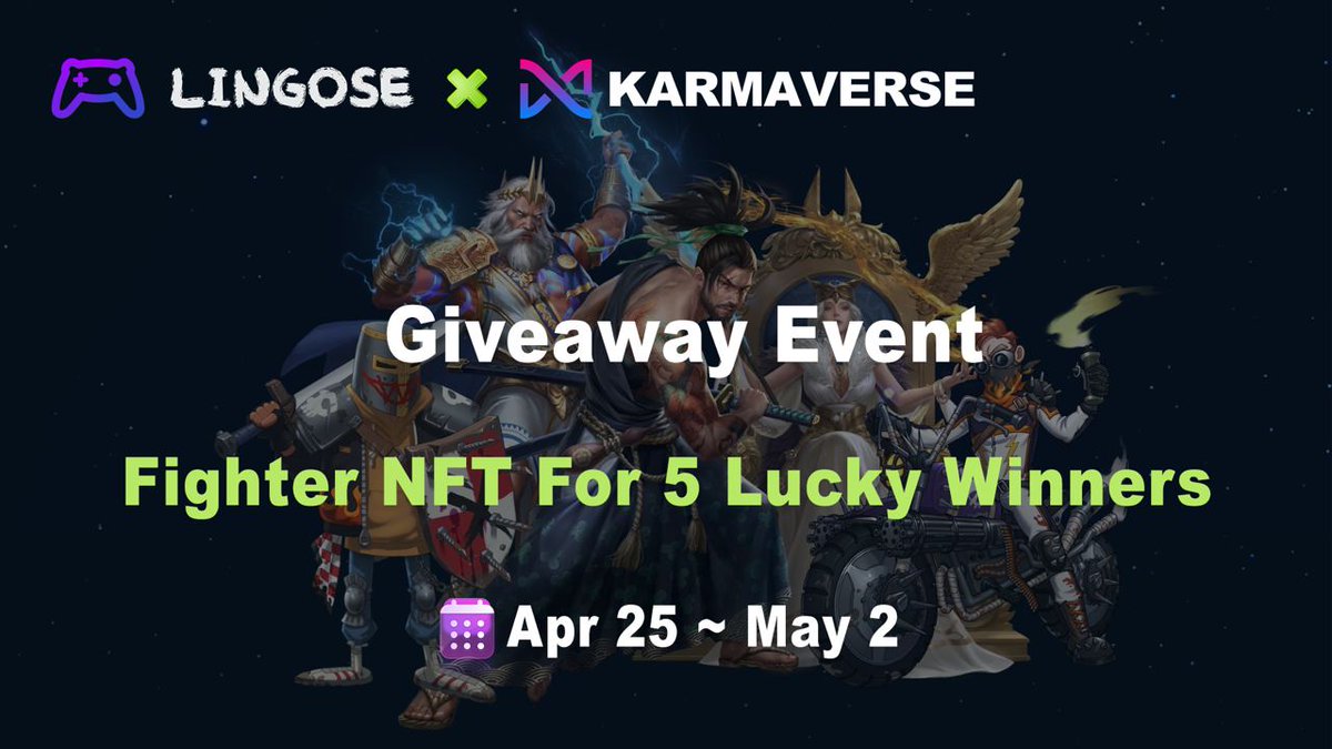 LingoseGame's tweet photo. #Giveaway Event with @Karmaverse_io a #Metaverse #GameFi project, created by #SLG top game developers

⏰ Apr 25 ~ May 2

🎁 Fighter #NFT for 5️⃣ lucky winners

Join us now 👇
🔗 https://t.co/7FtWbsr71v https://t.co/fddnvzlJ1W