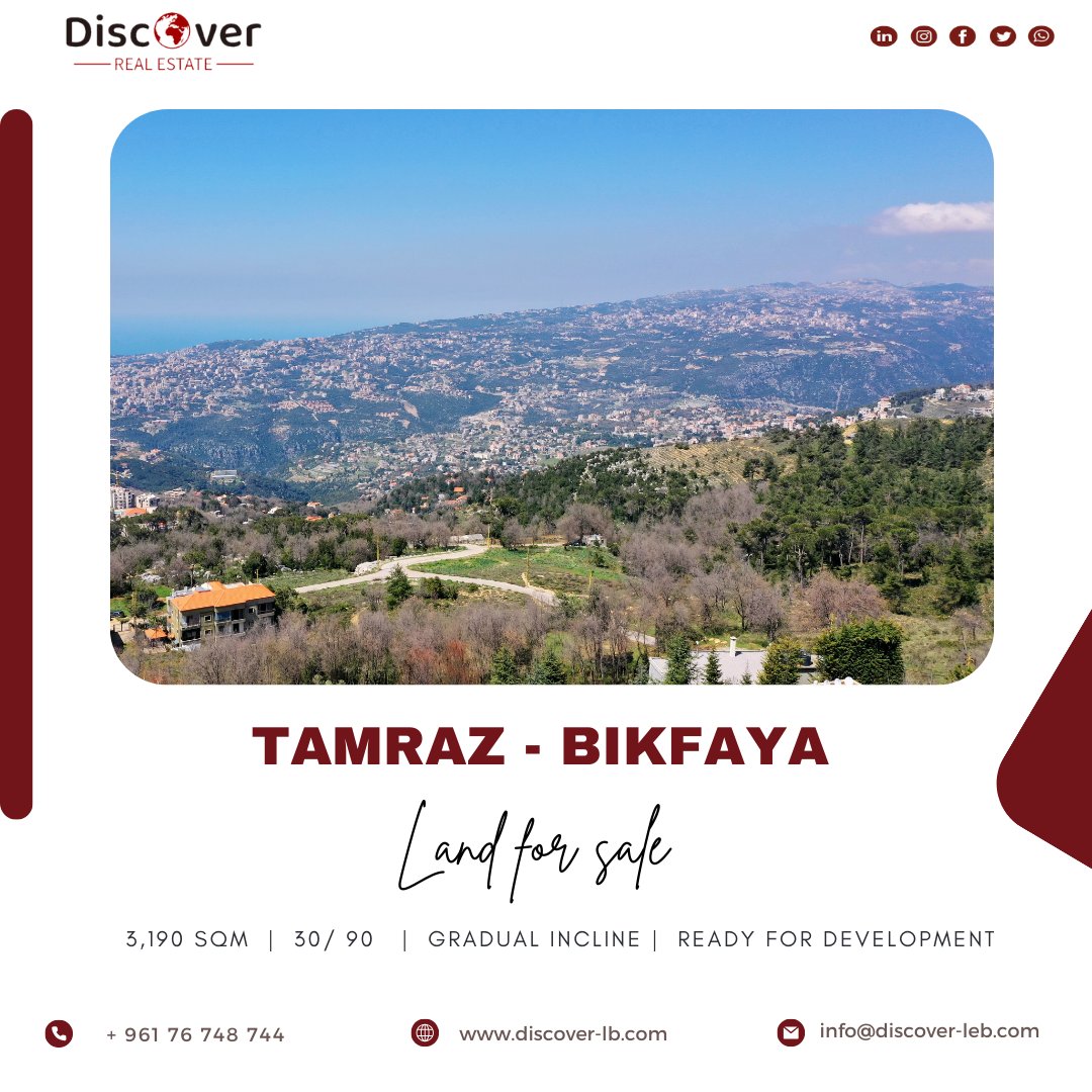 Land for sale in Bikfaya - Tamraz 

 REf#3389

 +961 76 748 744
 info@discover-leb.com
 discover-lb.com

We Buy & Sell LAND

#discoverrealestate #realestatelebanon #lebanon #baabdat #broumana #lebanonrealestate #metn #beirut
#landforsale #property #propertyforsale