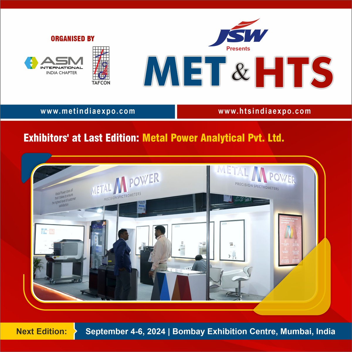 Exhibitors at Last Edition.
Next Edition - MET & HTS 2024, September 4-6, 2024 | Bombay Exhibition Centre, Mumbai, India.

Metal Power Analytical Pvt. Ltd. 

#metandhts #materialengineering #materialscience #alternateenergy #renewableenergy #solarenergy #biogas