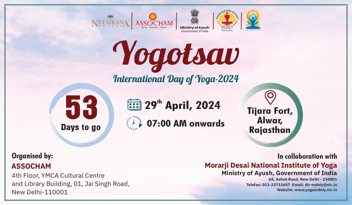 Experience the essence of wellness at #Yogotsav, an enriching event by #ASSOCHAM in collaboration with  Morarji Desai National Institute of Yoga. With #InternationalDayofYoga just 53 days away let's celebrate #unity and inner harmony! 🙏✨🧘🏻‍♀️🧘🏻‍♂️

🗓️ April 29, 2024
📍Alwar

#IDY