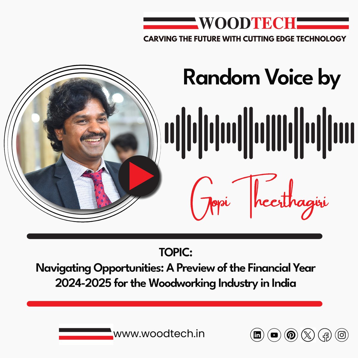 Join the conversation and explore the world of woodworking with Mr. Gopi's '#RandomVoice.' Here is a Preview of the #FinancialYear 2024-2025 for the Woodworking Industry in India & the opportunities ahead. Check out the April'24 edition of Random Voice 👉 woodtech.in/randomVoiceDet…